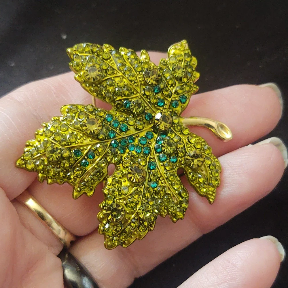 Green Rhinestone Maple Leaf Brooch
